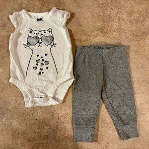 Carters- Adorable Cute Cat Print Onesie and Gray Pants Set 6M
